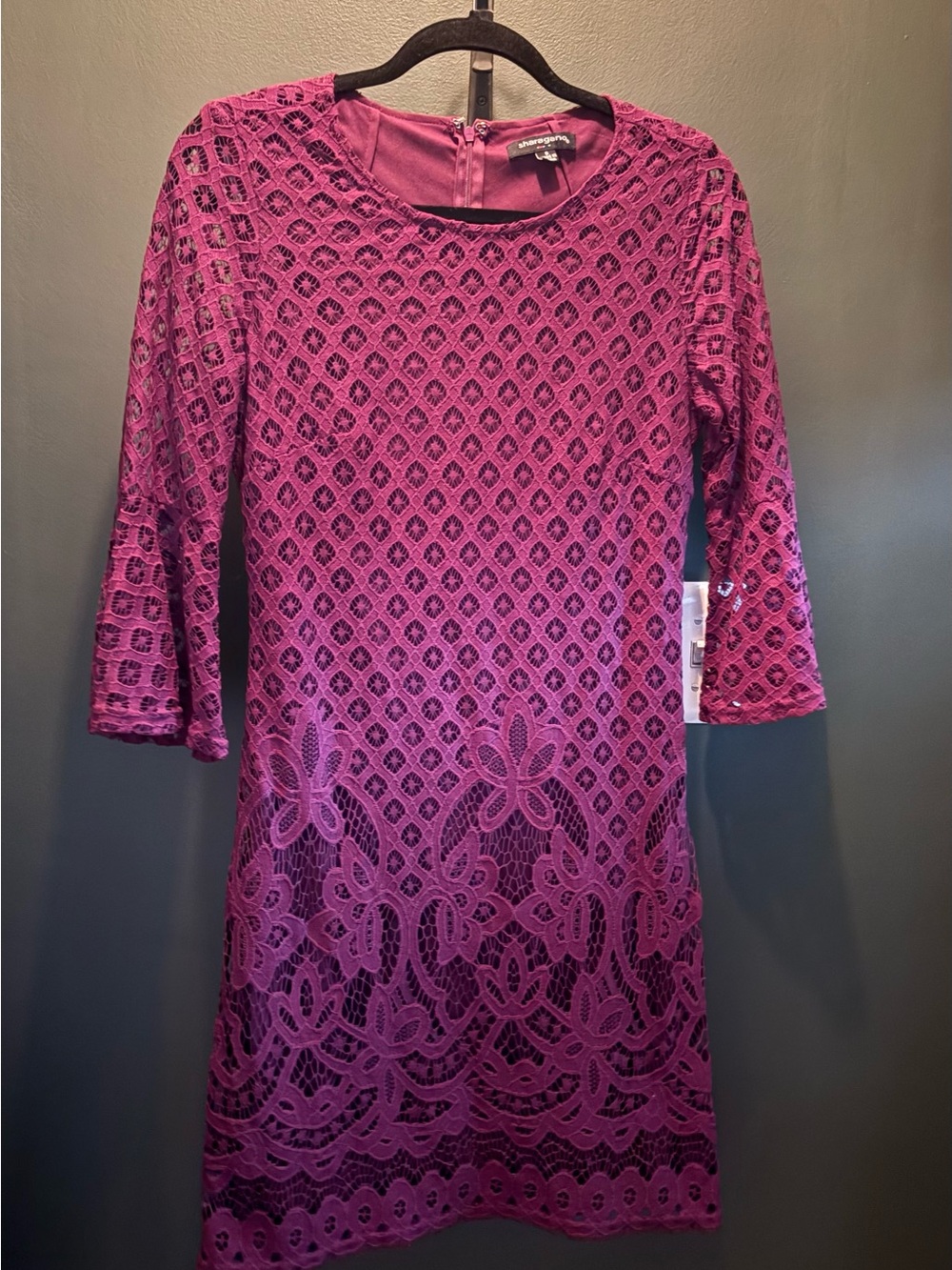 Sharagano Magenta Lace Shift Dress with Three-Quarter Flared Sleeves